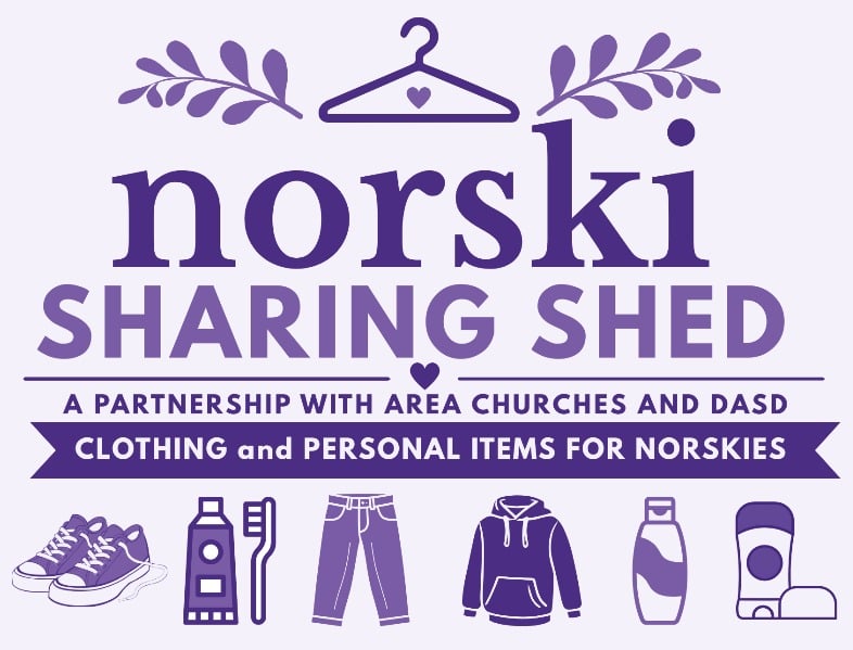 Norski Sharing Shed logo, a partnership with area churches and DASD; clothing and personal items for Norskies