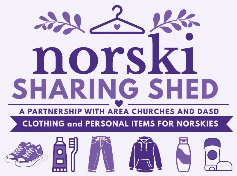 Norski Sharing Shed logo, a partnership with area churches and DASD; clothing and personal items for Norskies