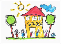 children's drawing of a school with trees and students